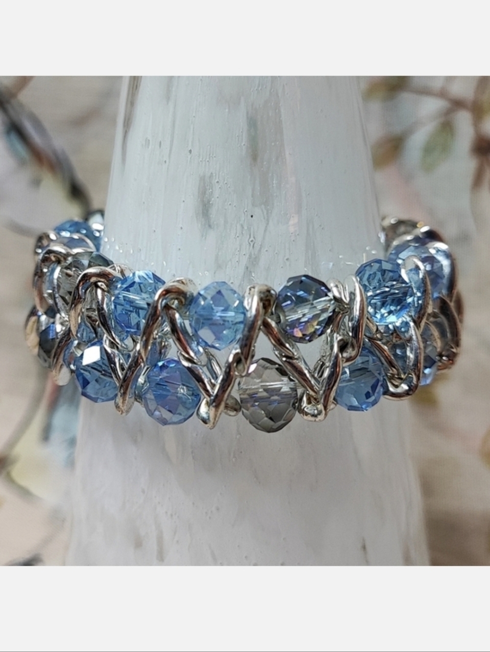 Blue Iridescent Crystal Aurora Borealis Chrome Plated Stretch Dual Row Bracelet